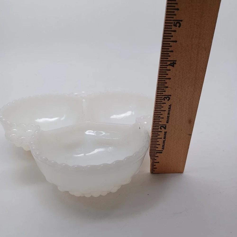 Vintage White Milk Glass Hobnail 3 Compartment Relish Dish Beaded Rim 7 inch